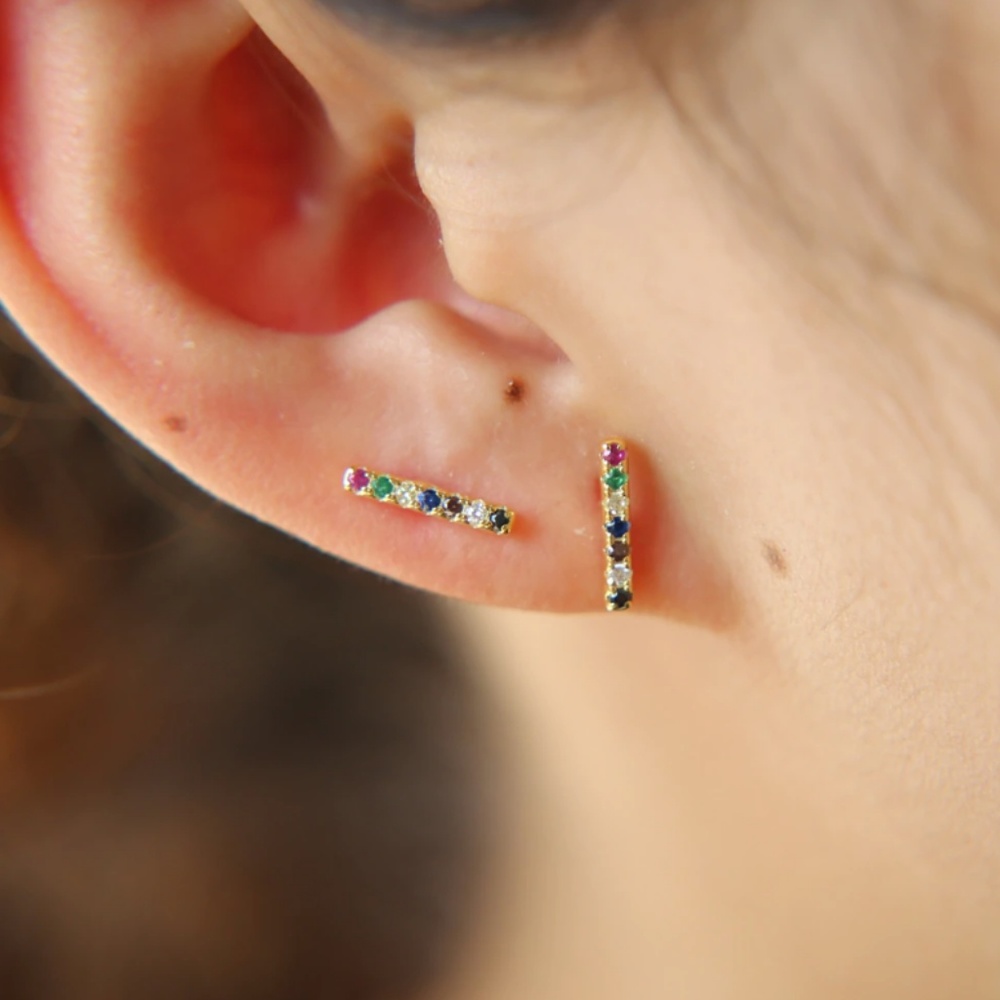 Rainbow CZ Bar Stud Earrings - Picture 8 of 8
